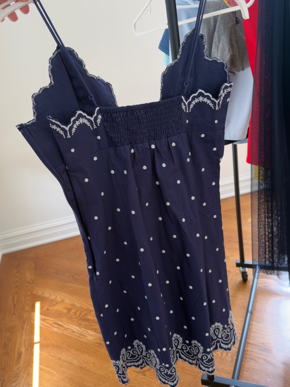 Maeve Navy Blue Polka Dot Midi Dress with White Embroidery - Picture 2 of 2
